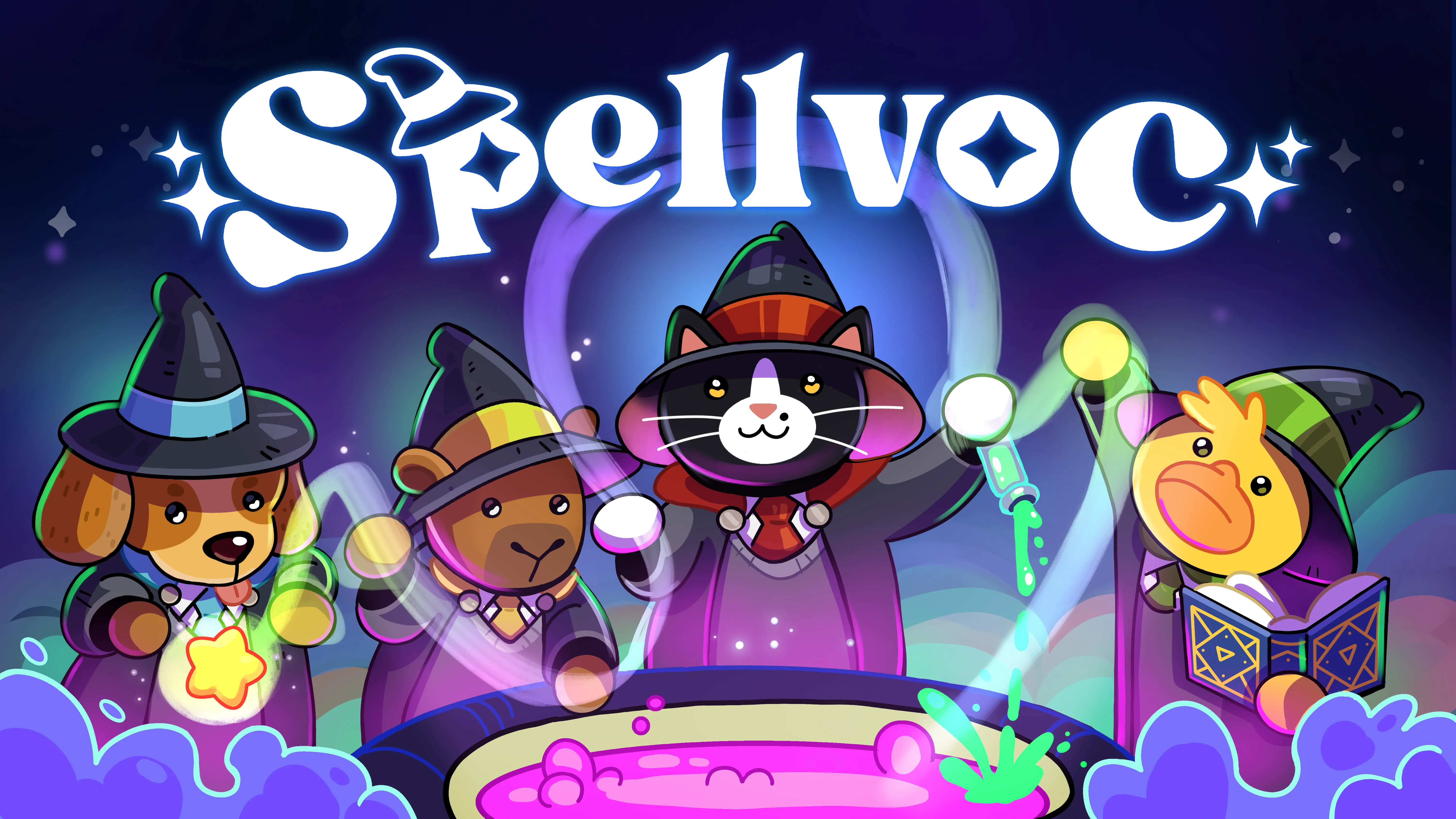 Spellvoc key art in 16:9: four animal wizards — a dog, a bear, a black-and-white cat and a duck — brew a glowing pink potion in a cauldron under a starry night sky, beneath the Spellvoc logo.