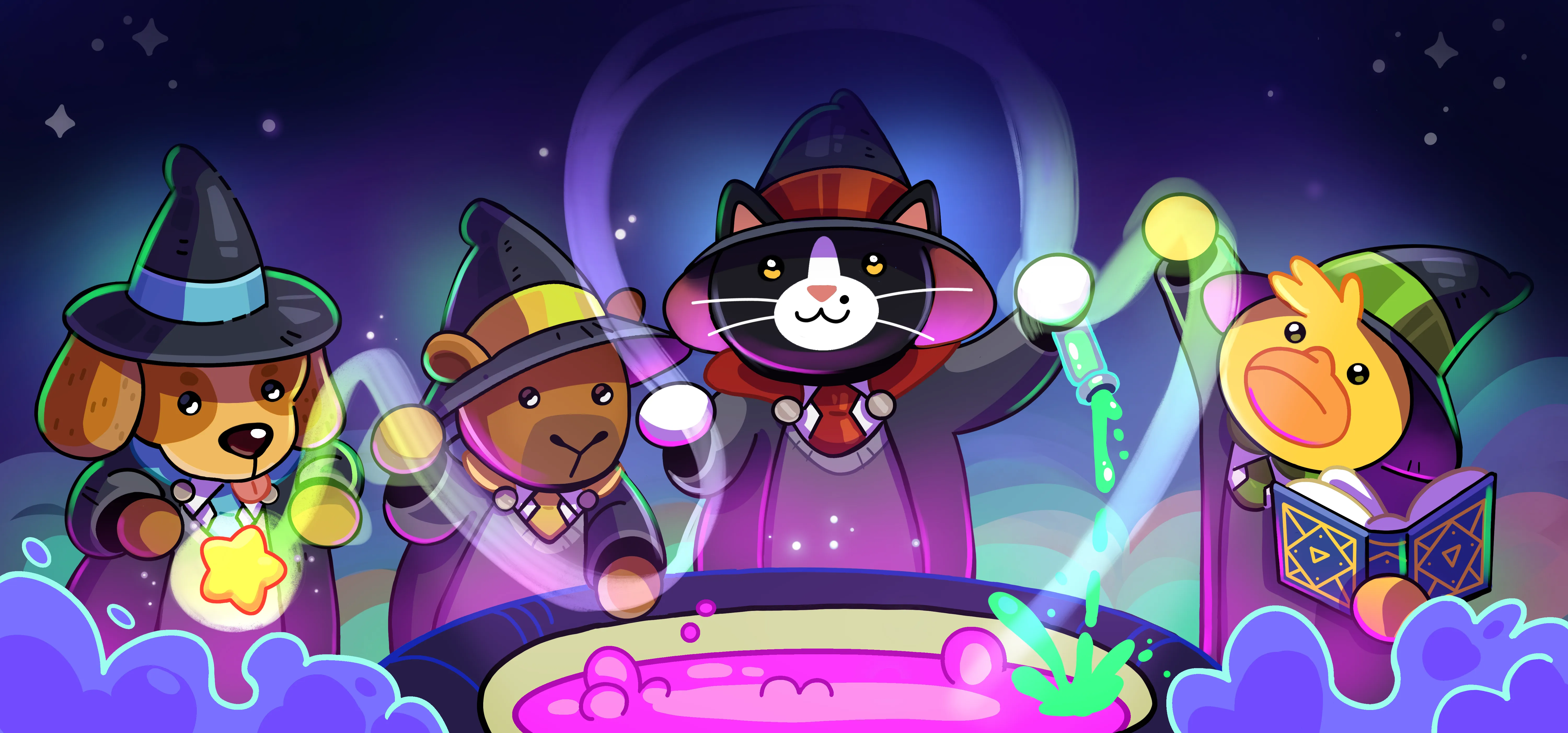 Spellvoc key art without logo: four animal wizards — a dog, a bear, a black-and-white cat and a duck — brew a glowing pink potion in a cauldron under a starry night sky.