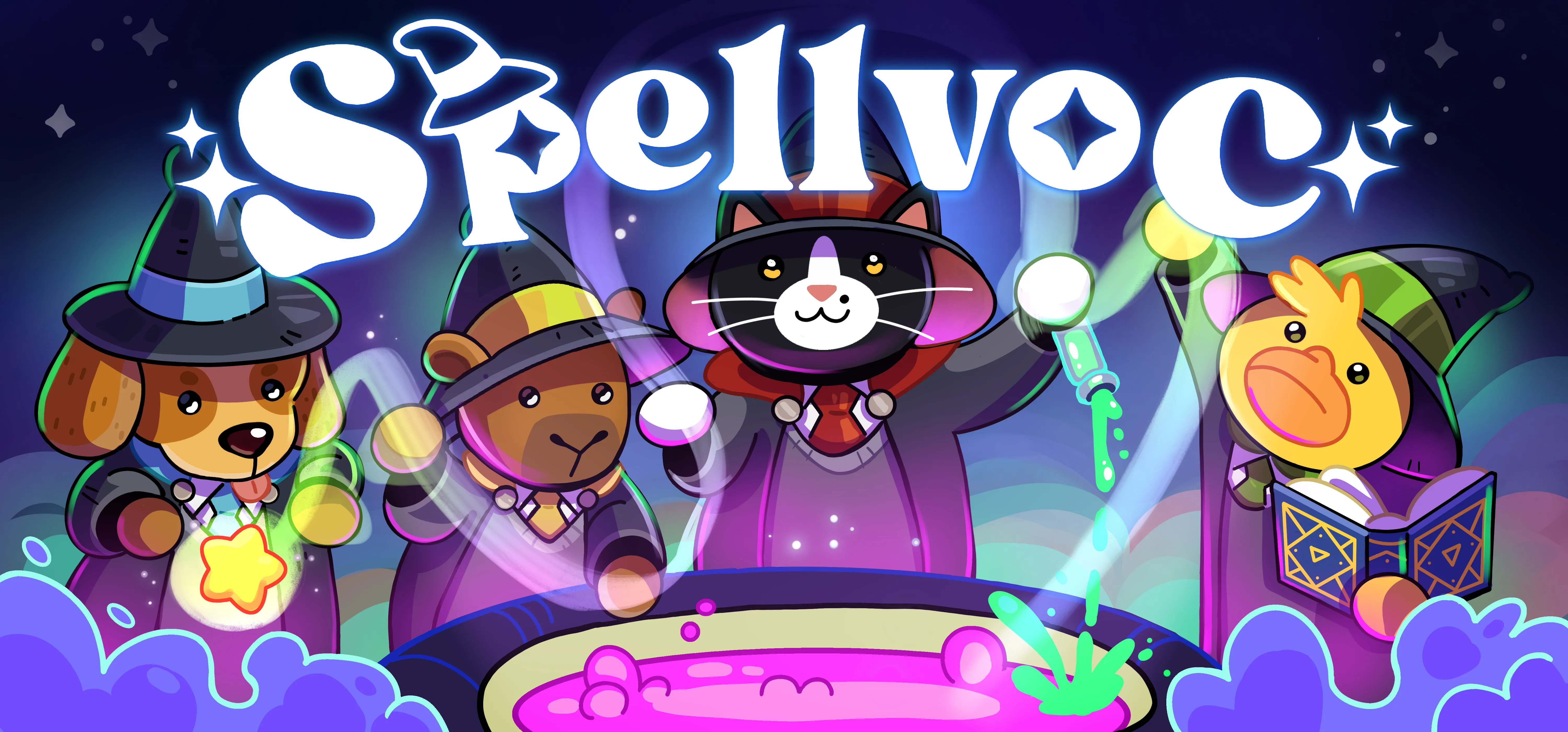 Spellvoc key art: four animal wizards — a dog, a bear, a black-and-white cat and a duck — brew a glowing pink potion in a cauldron under a starry night sky, beneath the Spellvoc logo.