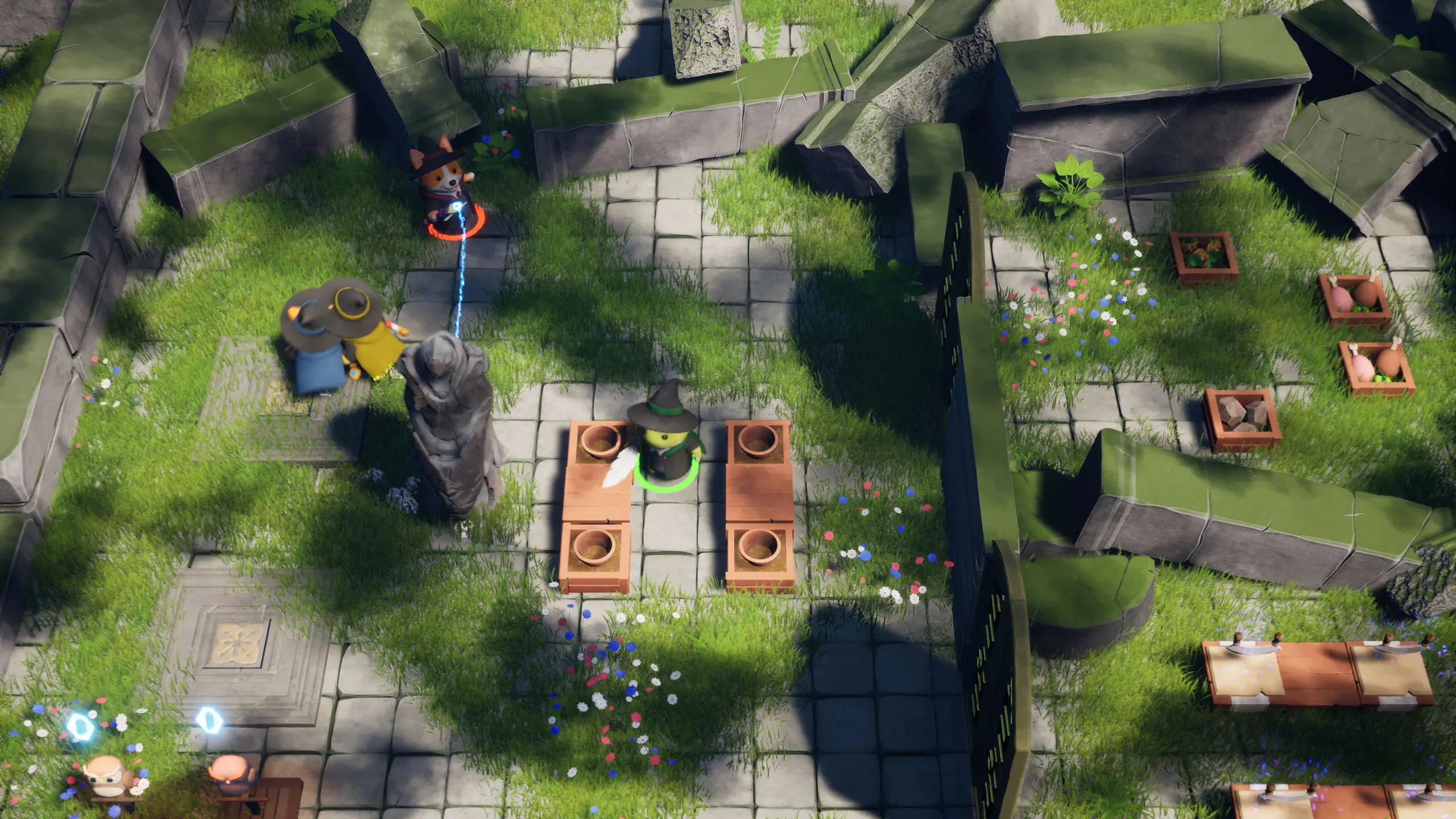 Apprentice wizards work among mossy stone ruins overgrown with grass and flowers, one pulling an ingredient closer with telekinesis.