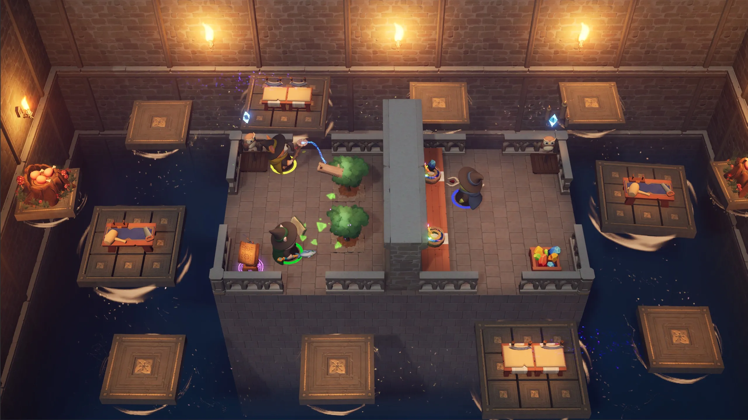 Wizards craft on a stone platform in a torch-lit castle hall, surrounded by dark water and floating wooden rafts.