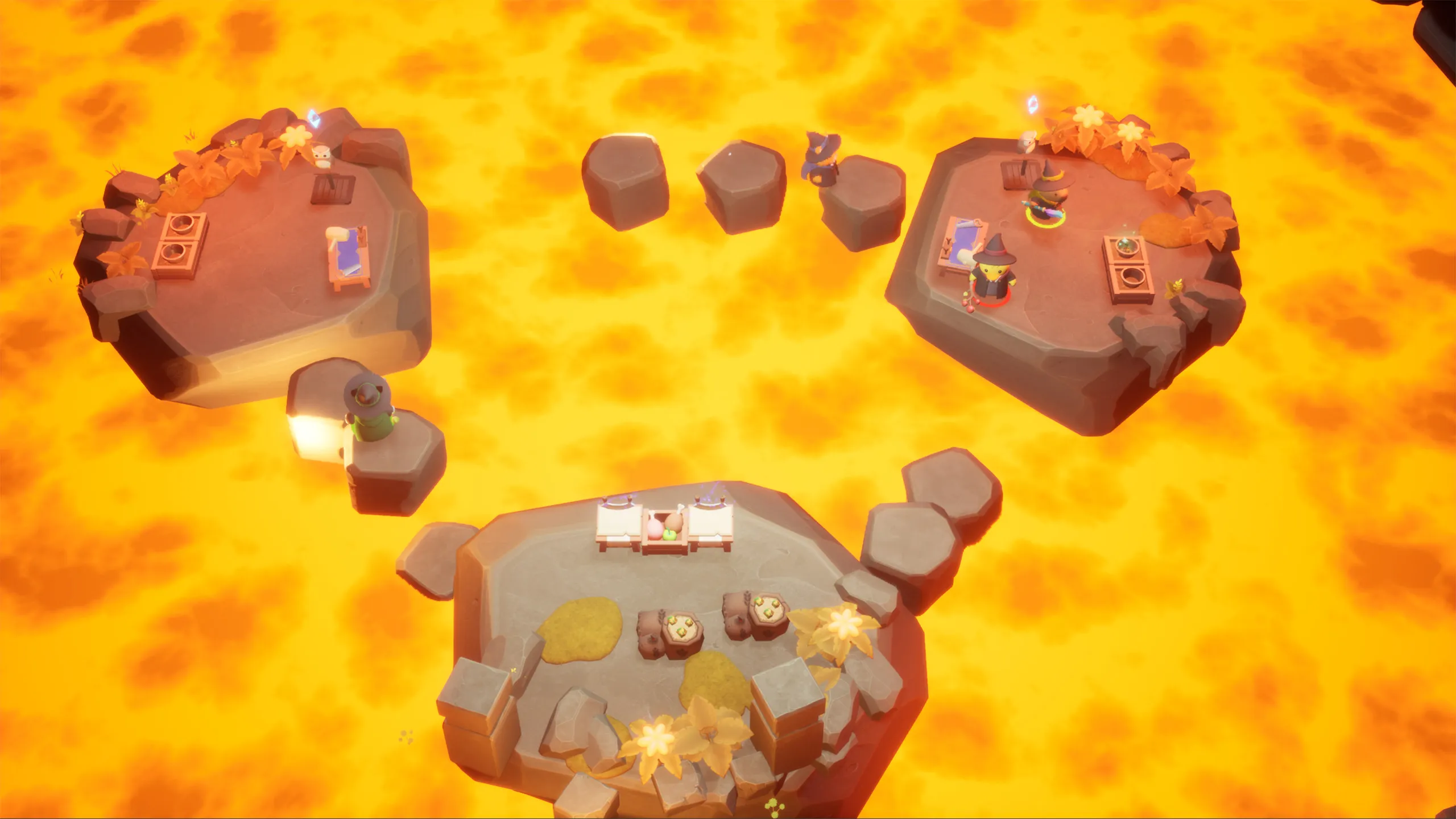 Rocky islands with crafting stations float in a sea of glowing lava, linked by stepping stones the wizards hop across.