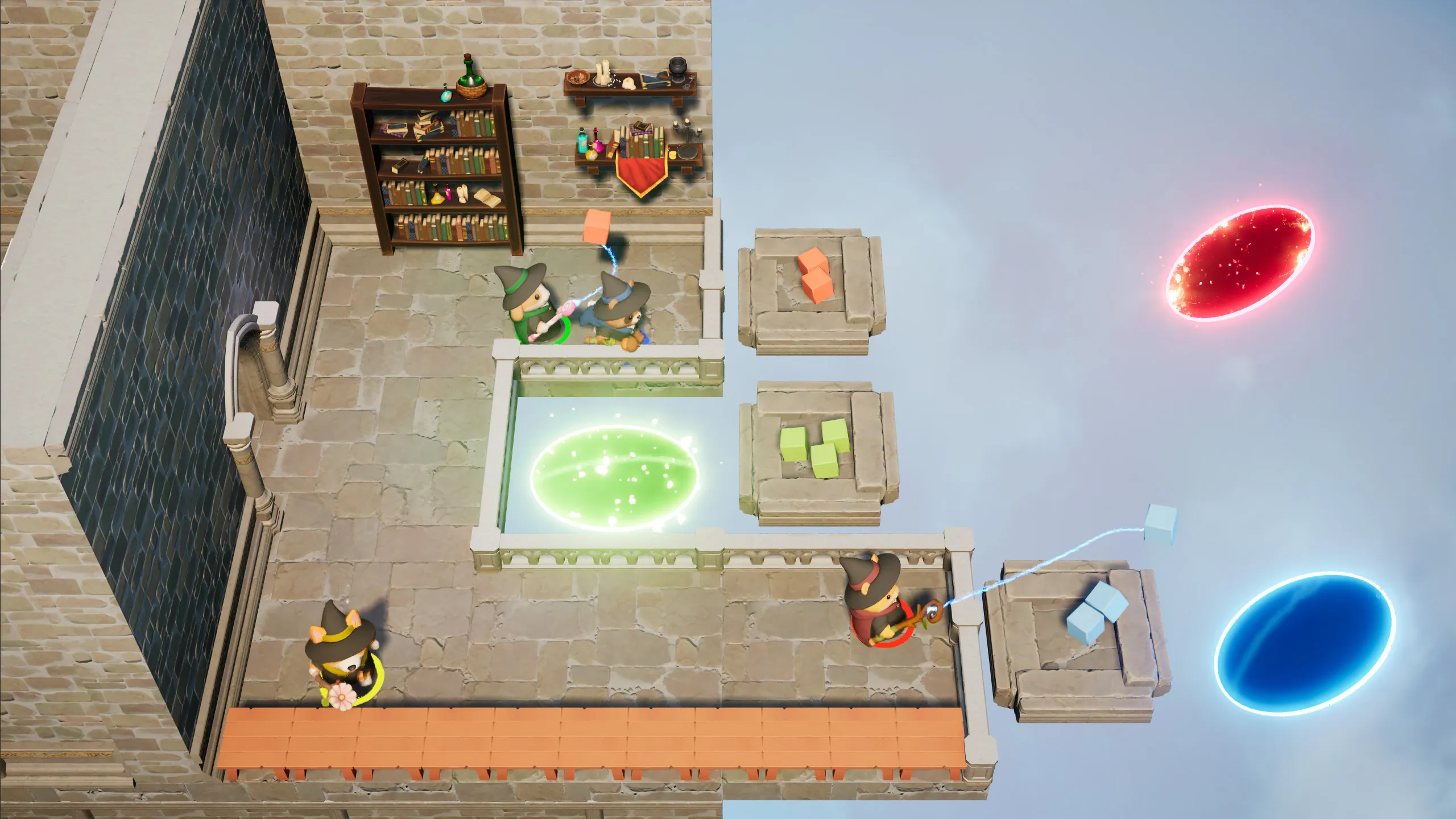 Wizards on a school terrace high above the clouds pull coloured cubes with telekinesis toward glowing red, green and blue portals.